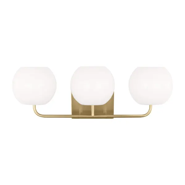 Collection: Rory Rooms: Bathroom, Bedroom, Entry Room/Hallway Finish: Satin Brass Glass: Opal Width: 25.00" Height: 8.63" Weight: 4.20 lb Extension from Wall: 8.00" Wire: 8" Black/White Canopy: DP:0.875'' W:7'' H:5'' OB UP:6.125'' OB DOWN:2.5'' Rectangular Number of Bulbs: 3 Maximum Wattage: 60.00 W Bulb Type: A19 Bulb Base: Medium Voltage: 120.00 V Material: Steel Country of Origin: Vietnam Safety Listing: cETL Safety Rating: Damp Title 24 Spec Sheet