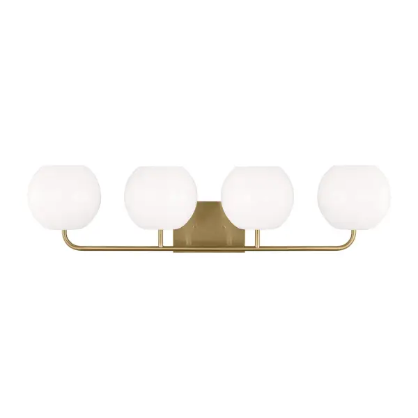 Collection: Rory Rooms: Bathroom, Bedroom, Entry Room/Hallway Finish: Satin Brass Glass: Opal Width: 34.00" Height: 8.63" Weight: 5.50 lb Extension from Wall: 8.00" Wire: 8" Black/White Canopy: DP:0.875'' W:7'' H:5'' OB UP:6.125'' OB DOWN:2.5'' Rectangular Number of Bulbs: 4 Maximum Wattage: 60.00 W Bulb Type: A19 Bulb Base: Medium Voltage: 120.00 V Material: Steel Country of Origin: Vietnam Safety Listing: cETL Safety Rating: Damp Title 24 Spec Sheet Instructions