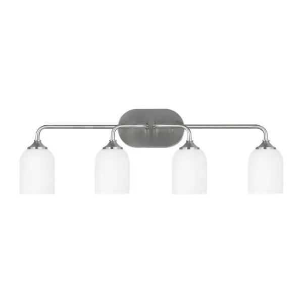 Collection: Emile Rooms: Bathroom, Bedroom, Entry Room/Hallway Finish: Brushed Steel Glass: Etched / White Inside Width: 22.00" Height: 9.50" Weight: 5.90 lb Extension from Wall: 6.25" Wire: 8" Black/White Canopy: DP:0.75'' W:8'' H:4.625'' OB UP:7 3/16'' OB DOWN:2 5/16'' Oval Bulbs Included Number of Bulbs: 4 Maximum Wattage: 9.00 W Bulb Type: A19 Bulb Base: Medium Light Output: 800.00 lm Color Temperature: 3000 K CRI: 90 Voltage: 120.00 V Material: Steel Country of Origin: China Safety Listing: cETL Safety Rating: Damp Title 24 Spec Sheet Instructions