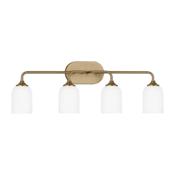 Collection: Emile Rooms: Bathroom, Bedroom, Entry Room/Hallway Finish: Satin Brass Glass: Etched / White Inside Width: 31.00" Height: 9.50" Weight: 5.90 lb Extension from Wall: 6.25" Wire: 8" Black/White Canopy: DP:0.75'' W:8'' H:4.625'' OB UP:7 3/16'' OB DOWN:2 5/16'' Oval Number of Bulbs: 4 Maximum Wattage: 60.00 W Bulb Type: A19 Bulb Base: Medium Voltage: 120.00 V Material: Steel Country of Origin: Vietnam Safety Listing: cETL Safety Rating: Damp Title 24 Spec Sheet Instructions
