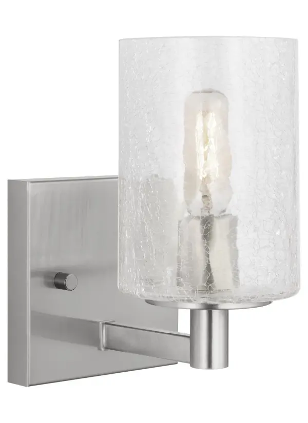 Collection: Parker Rooms: Bathroom, Bedroom, Entry Room/Hallway Finish: Brushed Steel Glass: Clear Crackle Width: 4.75" Height: 7.75" Weight: 1.50 lb Extension from Wall: 6.38" Wire: 6.5" Black/White Canopy: DP:0.75'' W:4.75'' H:4.75'' OB UP:5.375'' OB DOWN:2.375'' Square Number of Bulbs: 1 Maximum Wattage: 60.00 W Bulb Type: T8 Bulb Base: Candelabra Voltage: 120.00 V Material: Steel Country of Origin: Vietnam Safety Listing: cETL Safety Rating: Damp Spec Sheet Instructions