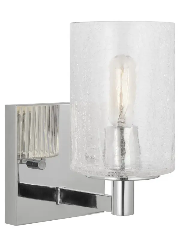 Collection: Parker Rooms: Bathroom, Bedroom, Entry Room/Hallway Finish: Chrome Glass: Clear Crackle Width: 4.75" Height: 7.75" Weight: 1.50 lb Extension from Wall: 6.38" Wire: 6.5" Black/White Canopy: DP:0.75'' W:4.75'' H:4.75'' OB UP:5.375'' OB DOWN:2.375'' Square Number of Bulbs: 1 Maximum Wattage: 60.00 W Bulb Type: T8 Bulb Base: Candelabra Voltage: 120.00 V Material: Steel Country of Origin: Vietnam Safety Listing: cETL Safety Rating: Damp Spec Sheet Instructions