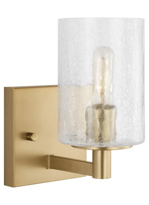 Collection: Parker Rooms: Bathroom, Bedroom, Entry Room/Hallway Finish: Satin Brass Glass: Clear Crackle Width: 4.75" Height: 7.75" Weight: 1.50 lb Extension from Wall: 6.38" Wire: 6.5" Black/White Canopy: DP:0.75'' W:4.75'' H:4.75'' OB UP:5.375'' OB DOWN:2.375'' Square Number of Bulbs: 1 Maximum Wattage: 60.00 W Bulb Type: T8 Bulb Base: Candelabra Voltage: 120.00 V Material: Steel Country of Origin: Vietnam Safety Listing: cETL Safety Rating: Damp Spec Sheet Instructions