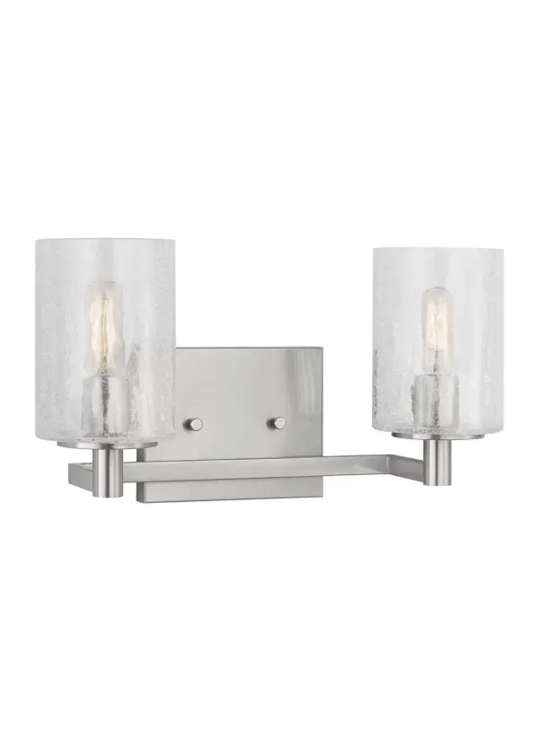 Collection: Parker Rooms: Bathroom, Bedroom, Entry Room/Hallway Finish: Brushed Steel Glass: Clear Crackle Width: 14.25" Height: 7.75" Weight: 2.60 lb Extension from Wall: 6.38" Wire: 6.5" Black/White Canopy: DP:0.75'' W:5.875'' H:4.75'' OB UP:5.375'' OB DOWN:2.375'' Rectangular Number of Bulbs: 2 Maximum Wattage: 60.00 W Bulb Type: T8 Bulb Base: Candelabra Voltage: 120.00 V Material: Steel Country of Origin: Vietnam Safety Listing: cETL Safety Rating: Damp Spec Sheet Instructions