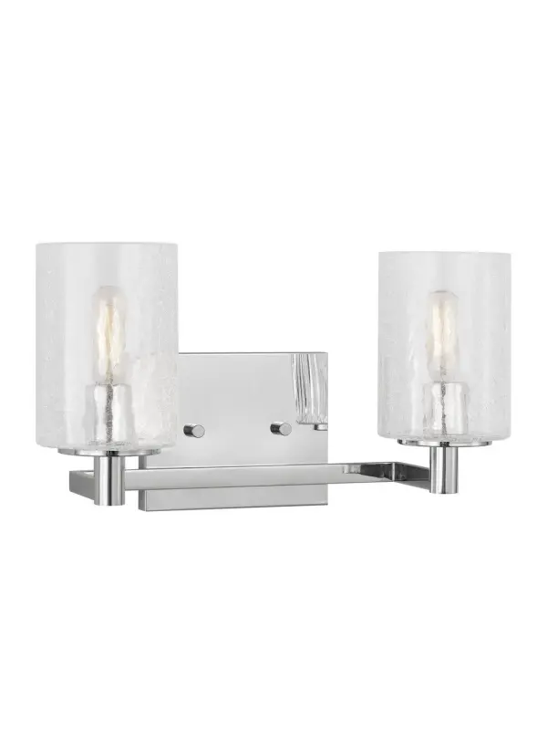 Collection: Parker Rooms: Bathroom, Bedroom, Entry Room/Hallway Finish: Chrome Glass: Clear Crackle Width: 14.25" Height: 7.75" Weight: 2.60 lb Extension from Wall: 6.38" Wire: 6.5" Black/White Canopy: DP:0.75'' W:5.875'' H:4.75'' OB UP:5.375'' OB DOWN:2.375'' Rectangular Number of Bulbs: 2 Maximum Wattage: 60.00 W Bulb Type: T8 Bulb Base: Candelabra Voltage: 120.00 V Material: Steel Country of Origin: Vietnam Safety Listing: cETL Safety Rating: Damp Spec Sheet Instructions