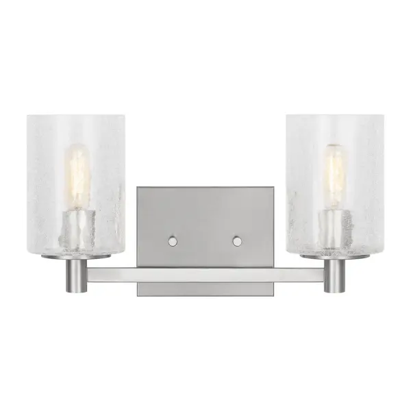 Collection: Parker Rooms: Bathroom, Bedroom, Entry Room/Hallway Finish: Brushed Steel Glass: Clear Crackle Width: 14.25" Height: 7.75" Weight: 2.60 lb Extension from Wall: 6.38" Wire: 6.5" Black/White Canopy: DP:0.75'' W:5.875'' H:4.75'' OB UP:5.375'' OB DOWN:2.375'' Rectangular Bulbs Included Number of Bulbs: 2 Maximum Wattage: 3.50 W Bulb Type: Torpedo Bulb Base: Candelabra Light Output: 350.00 lm Color Temperature: 2700 K CRI: 90 Voltage: 120.00 V Material: Steel Country of Origin: Vietnam Safety Listing: cETL Safety Rating: Damp Energy Star Title 24 Spec Sheet Instructions