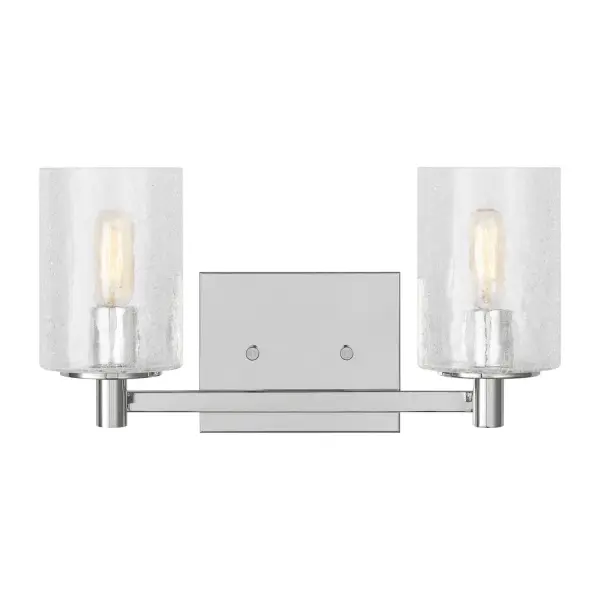 Collection: Parker Rooms: Bathroom, Bedroom, Entry Room/Hallway Finish: Chrome Glass: Clear Crackle Width: 14.25" Height: 7.75" Weight: 2.60 lb Extension from Wall: 6.38" Wire: 6.5" Black/White Canopy: DP:0.75'' W:5.875'' H:4.75'' OB UP:5.375'' OB DOWN:2.375'' Rectangular Bulbs Included Number of Bulbs: 2 Maximum Wattage: 3.50 W Bulb Type: Torpedo Bulb Base: Candelabra Light Output: 350.00 lm Color Temperature: 2700 K CRI: 90 Voltage: 120.00 V Material: Steel Country of Origin: Vietnam Safety Listing: cETL Safety Rating: Damp Energy Star Title 24 Spec Sheet Instructions
