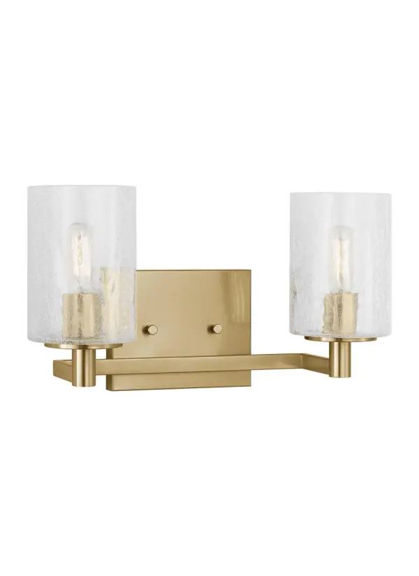 Collection: Parker Rooms: Bathroom, Bedroom, Entry Room/Hallway Finish: Satin Brass Glass: Clear Crackle Width: 14.25" Height: 7.75" Weight: 2.60 lb Extension from Wall: 6.38" Wire: 6.5" Black/White Canopy: DP:0.75'' W:5.875'' H:4.75'' OB UP:5.375'' OB DOWN:2.375'' Rectangular Number of Bulbs: 2 Maximum Wattage: 60.00 W Bulb Type: T8 Bulb Base: Candelabra Voltage: 120.00 V Material: Steel Country of Origin: Vietnam Safety Listing: cETL Safety Rating: Damp Spec Sheet Instructions