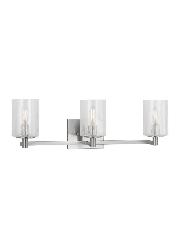 Collection: Parker Rooms: Bathroom, Bedroom, Entry Room/Hallway Finish: Brushed Steel Glass: Clear Crackle Width: 24.63" Height: 7.75" Weight: 3.70 lb Extension from Wall: 6.38" Wire: 6.5" Black/White Canopy: DP:0.75'' W:5.875'' H:4.75'' OB UP:5.375'' OB DOWN:2.375'' Rectangular Number of Bulbs: 3 Maximum Wattage: 60.00 W Bulb Type: T8 Bulb Base: Candelabra Voltage: 120.00 V Material: Steel Country of Origin: Vietnam Safety Listing: cETL Safety Rating: Damp Spec Sheet Instructions