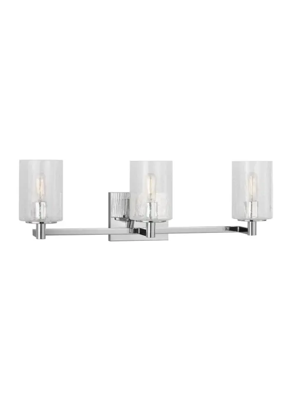 Collection: Parker Rooms: Bathroom, Bedroom, Entry Room/Hallway Finish: Chrome Glass: Clear Crackle Width: 24.63" Height: 7.75" Weight: 3.70 lb Extension from Wall: 6.38" Wire: 6.5" Black/White Canopy: DP:0.75'' W:5.875'' H:4.75'' OB UP:5.375'' OB DOWN:2.375'' Rectangular Number of Bulbs: 3 Maximum Wattage: 60.00 W Bulb Type: T8 Bulb Base: Candelabra Voltage: 120.00 V Material: Steel Country of Origin: Vietnam Safety Listing: cETL Safety Rating: Damp Spec Sheet Instructions