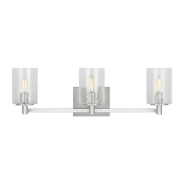 Collection: Parker Rooms: Bathroom, Bedroom, Entry Room/Hallway Finish: Brushed Steel Glass: Clear Crackle Width: 24.63" Height: 7.75" Weight: 3.70 lb Extension from Wall: 6.38" Wire: 6.5" Black/White Canopy: DP:0.75'' W:5.875'' H:4.75'' OB UP:5.375'' OB DOWN:2.375'' Rectangular Bulbs Included Number of Bulbs: 3 Maximum Wattage: 3.50 W Bulb Type: Torpedo Bulb Base: Candelabra Light Output: 350.00 lm Color Temperature: 2700 K CRI: 90 Voltage: 120.00 V Material: Steel Country of Origin: Vietnam Safety Listing: cETL Safety Rating: Damp Energy Star Title 24 Spec Sheet Instructions