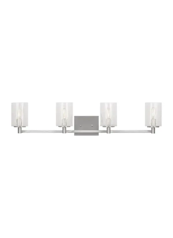 Collection: Parker Rooms: Bathroom, Bedroom, Entry Room/Hallway Finish: Brushed Steel Glass: Clear Crackle Width: 35.00" Height: 7.75" Weight: 4.90 lb Extension from Wall: 6.38" Wire: 6.5" Black/White Canopy: DP:0.75'' W:5.875'' H:4.75'' OB UP:5.375'' OB DOWN:2.375'' Rectangular Number of Bulbs: 4 Maximum Wattage: 60.00 W Bulb Type: T8 Bulb Base: Candelabra Voltage: 120.00 V Material: Steel Country of Origin: Vietnam Safety Listing: cETL Safety Rating: Damp Spec Sheet Instructions