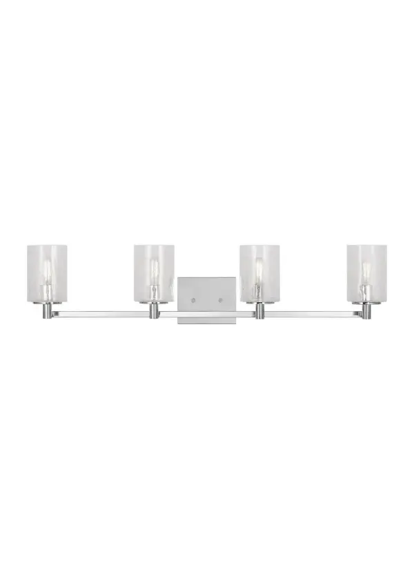 Collection: Parker Rooms: Bathroom, Bedroom, Entry Room/Hallway Finish: Chrome Glass: Clear Crackle Width: 35.00" Height: 7.75" Weight: 4.90 lb Extension from Wall: 6.38" Wire: 6.5" Black/White Canopy: DP:0.75'' W:5.875'' H:4.75'' OB UP:5.375'' OB DOWN:2.375'' Rectangular Number of Bulbs: 4 Maximum Wattage: 60.00 W Bulb Type: T8 Bulb Base: Candelabra Voltage: 120.00 V Material: Steel Country of Origin: Vietnam Safety Listing: cETL Safety Rating: Damp Spec Sheet Instructions