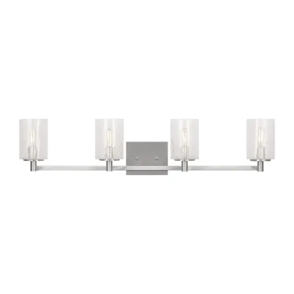 Collection: Parker Rooms: Bathroom, Bedroom, Entry Room/Hallway Finish: Brushed Steel Glass: Clear Crackle Width: 35.00" Height: 7.75" Weight: 4.90 lb Extension from Wall: 6.38" Wire: 6.5" Black/White Canopy: DP:0.75'' W:5.875'' H:4.75'' OB UP:5.375'' OB DOWN:2.375'' Rectangular Bulbs Included Number of Bulbs: 4 Maximum Wattage: 3.50 W Bulb Type: Torpedo Bulb Base: Candelabra Light Output: 350.00 lm Color Temperature: 2700 K CRI: 90 Voltage: 120.00 V Material: Steel Country of Origin: Vietnam Safety Listing: cETL Safety Rating: Damp Energy Star Title 24 Spec Sheet Instructions