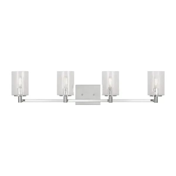 Collection: Parker Rooms: Bathroom, Bedroom, Entry Room/Hallway Finish: Chrome Glass: Clear Crackle Width: 35.00" Height: 7.75" Weight: 4.90 lb Extension from Wall: 6.38" Wire: 6.5" Black/White Canopy: DP:0.75'' W:5.875'' H:4.75'' OB UP:5.375'' OB DOWN:2.375'' Rectangular Bulbs Included Number of Bulbs: 4 Maximum Wattage: 3.50 W Bulb Type: Torpedo Bulb Base: Candelabra Light Output: 350.00 lm Color Temperature: 2700 K CRI: 90 Voltage: 120.00 V Material: Steel Country of Origin: Vietnam Safety Listing: cETL Safety Rating: Damp Energy Star Title 24 Spec Sheet Instructions