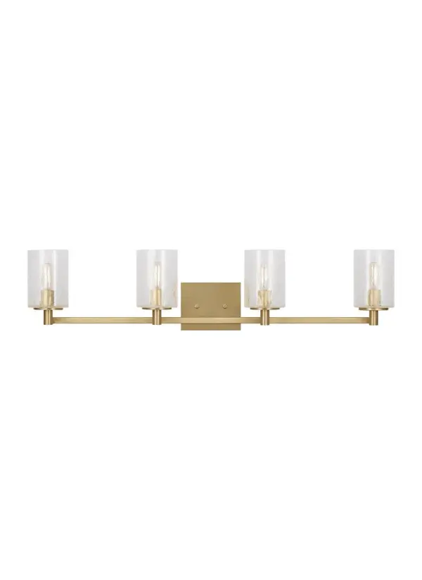 Collection: Parker Rooms: Bathroom, Bedroom, Entry Room/Hallway Finish: Satin Brass Glass: Clear Crackle Width: 35.00" Height: 7.75" Weight: 4.90 lb Extension from Wall: 6.38" Wire: 6.5" Black/White Canopy: DP:0.75'' W:5.875'' H:4.75'' OB UP:5.375'' OB DOWN:2.375'' Rectangular Number of Bulbs: 4 Maximum Wattage: 60.00 W Bulb Type: T8 Bulb Base: Candelabra Voltage: 120.00 V Material: Steel Country of Origin: Vietnam Safety Listing: cETL Safety Rating: Damp Spec Sheet Instructions