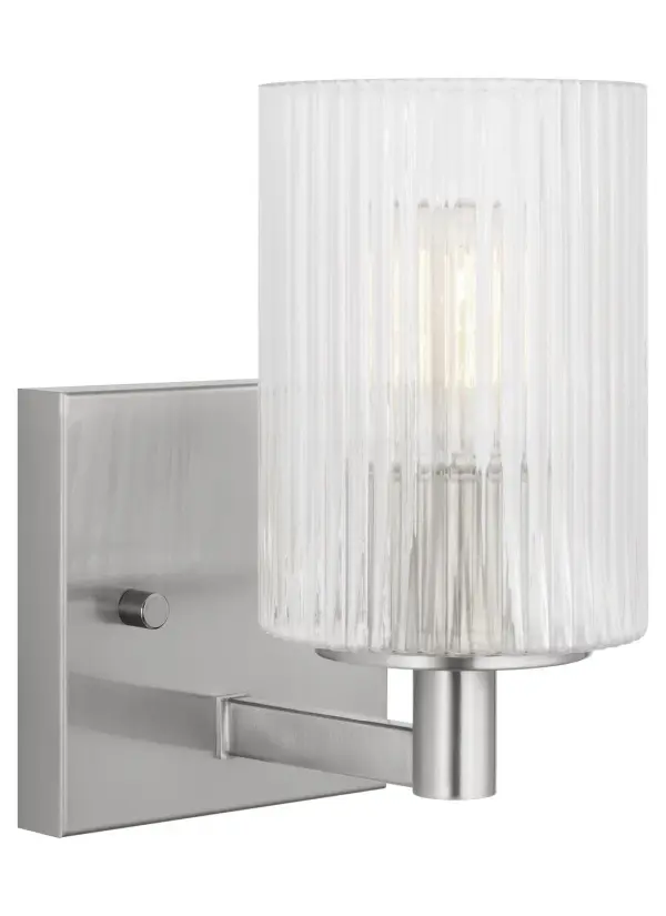 Collection: Lando Rooms: Bathroom, Bedroom, Entry Room/Hallway Finish: Brushed Steel Glass: Clear Fluted Width: 4.75" Height: 7.75" Weight: 1.50 lb Extension from Wall: 6.38" Wire: 6.5" Black/White Canopy: DP:0.75'' W:4.75'' H:4.75'' OB UP:5.375'' OB DOWN:2.375'' Square Number of Bulbs: 1 Maximum Wattage: 60.00 W Bulb Type: T8 Bulb Base: Candelabra Voltage: 120.00 V Material: Steel Country of Origin: Vietnam Safety Listing: cETL Safety Rating: Damp Spec Sheet Instructions