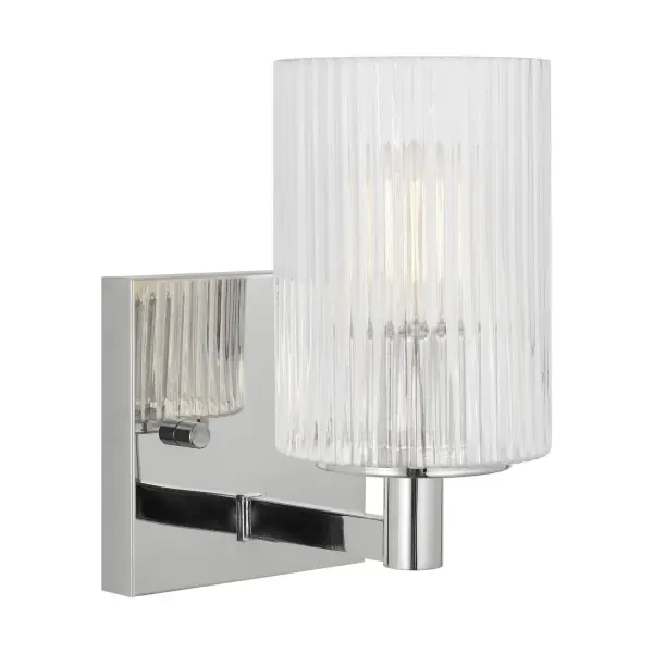 Collection: Lando Rooms: Bathroom, Bedroom, Entry Room/Hallway Finish: Chrome Glass: Clear Fluted Width: 4.75" Height: 7.75" Weight: 1.50 lb Extension from Wall: 6.38" Wire: 6.5" Black/White Canopy: DP:0.75'' W:4.75'' H:4.75'' OB UP:5.375'' OB DOWN:2.375'' Square Number of Bulbs: 1 Maximum Wattage: 60.00 W Bulb Type: T8 Bulb Base: Candelabra Voltage: 120.00 V Material: Steel Country of Origin: Vietnam Safety Listing: cETL Safety Rating: Damp Spec Sheet Instructions