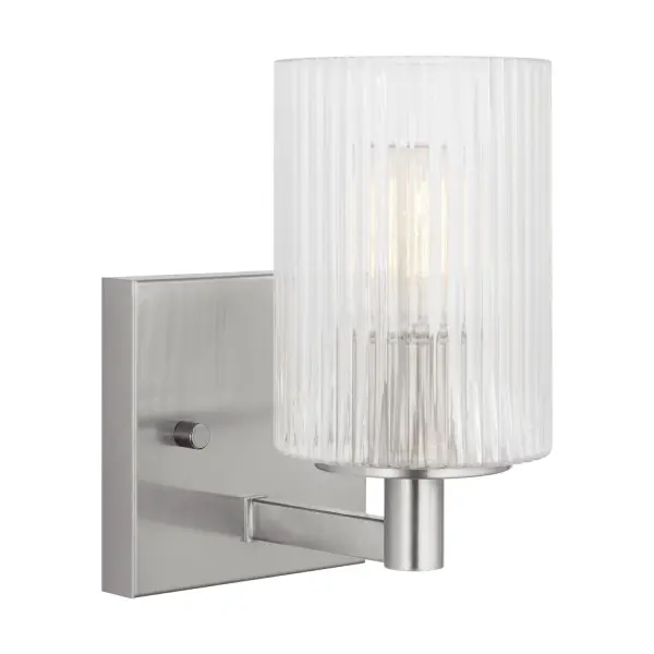 Collection: Lando Rooms: Bathroom, Bedroom, Entry Room/Hallway Finish: Brushed Steel Glass: Clear Fluted Width: 4.75" Height: 7.75" Weight: 1.50 lb Extension from Wall: 6.38" Wire: 6.5" Black/White Canopy: DP:0.75'' W:4.75'' H:4.75'' OB UP:5.375'' OB DOWN:2.375'' Square Bulbs Included Number of Bulbs: 1 Maximum Wattage: 3.50 W Bulb Type: Torpedo Bulb Base: Candelabra Light Output: 350.00 lm Color Temperature: 2700 K CRI: 90 Voltage: 120.00 V Material: Steel Country of Origin: Vietnam Safety Listing: cETL Safety Rating: Damp Energy Star Title 24 Spec Sheet Instructions
