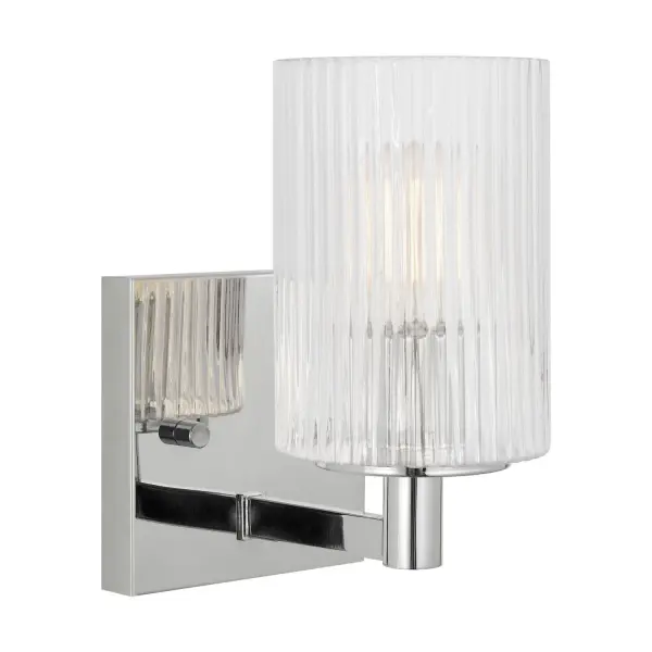 Collection: Lando Rooms: Bathroom, Bedroom, Entry Room/Hallway Finish: Chrome Glass: Clear Fluted Width: 4.75" Height: 7.75" Weight: 1.50 lb Extension from Wall: 6.38" Wire: 6.5" Black/White Canopy: DP:0.75'' W:4.75'' H:4.75'' OB UP:5.375'' OB DOWN:2.375'' Square Bulbs Included Number of Bulbs: 1 Maximum Wattage: 3.50 W Bulb Type: Torpedo Bulb Base: Candelabra Light Output: 350.00 lm Color Temperature: 2700 K CRI: 90 Voltage: 120.00 V Material: Steel Country of Origin: Vietnam Safety Listing: cETL Safety Rating: Damp Energy Star Title 24 Spec Sheet Instructions