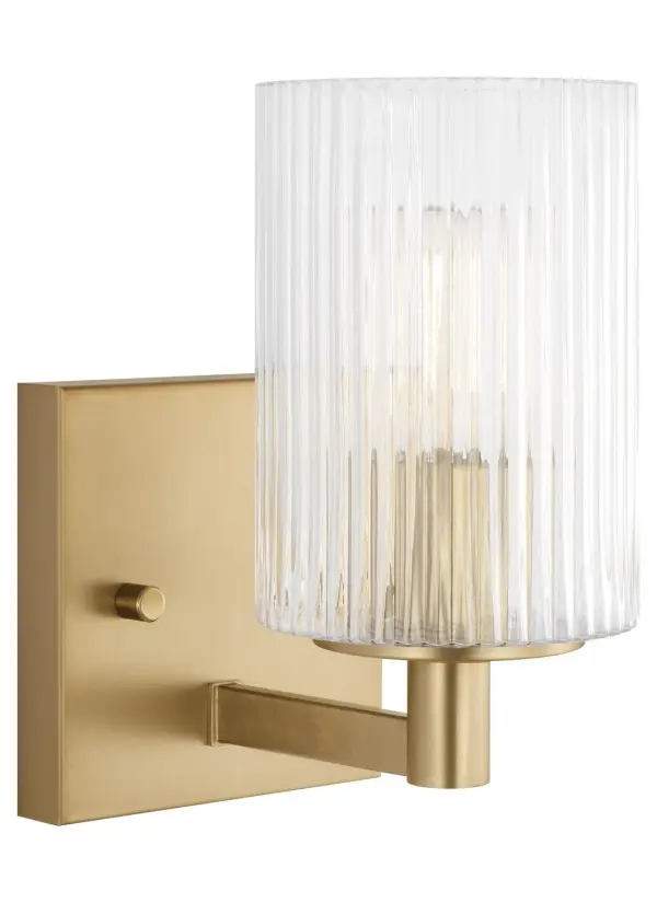 Collection: Lando Rooms: Bathroom, Bedroom, Entry Room/Hallway Finish: Satin Brass Glass: Clear Fluted Width: 4.75" Height: 7.75" Weight: 1.50 lb Extension from Wall: 6.38" Wire: 6.5" Black/White Canopy: DP:0.75'' W:4.75'' H:4.75'' OB UP:5.375'' OB DOWN:2.375'' Square Number of Bulbs: 1 Maximum Wattage: 60.00 W Bulb Type: T8 Bulb Base: Candelabra Voltage: 120.00 V Material: Steel Country of Origin: Vietnam Safety Listing: cETL Safety Rating: Damp Spec Sheet Instructions