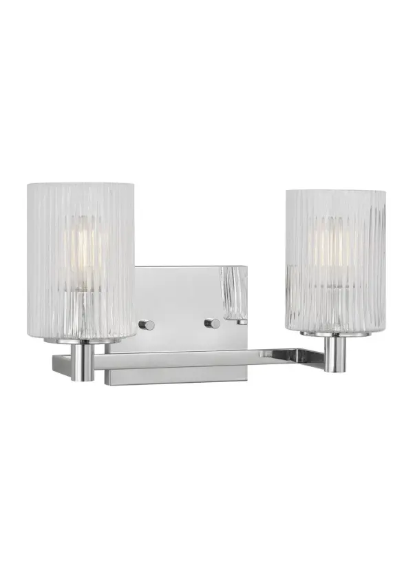 Collection: Lando Rooms: Bathroom, Bedroom, Entry Room/Hallway Finish: Chrome Glass: Clear Fluted Width: 14.25" Height: 7.75" Weight: 2.60 lb Extension from Wall: 6.38" Wire: 6.5" Black/White Canopy: DP:0.75'' W:5.875'' H:4.75'' OB UP:5.375'' OB DOWN:2.375'' Rectangular Number of Bulbs: 2 Maximum Wattage: 60.00 W Bulb Type: T8 Bulb Base: Candelabra Voltage: 120.00 V Material: Steel Country of Origin: Vietnam Safety Listing: cETL Safety Rating: Damp Spec Sheet Instructions