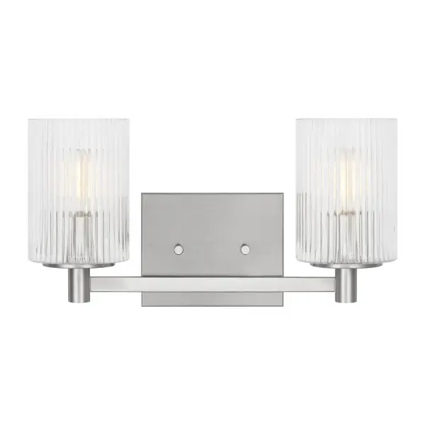 Collection: Lando Rooms: Bathroom, Bedroom, Entry Room/Hallway Finish: Brushed Steel Glass: Clear Fluted Width: 14.25" Height: 7.75" Weight: 2.60 lb Extension from Wall: 6.38" Wire: 6.5" Black/White Canopy: DP:0.75'' W:5.875'' H:4.75'' OB UP:5.375'' OB DOWN:2.375'' Rectangular Bulbs Included Number of Bulbs: 2 Maximum Wattage: 3.50 W Bulb Type: Torpedo Bulb Base: Candelabra Light Output: 350.00 lm Color Temperature: 2700 K CRI: 90 Voltage: 120.00 V Material: Steel Country of Origin: Vietnam Safety Listing: cETL Safety Rating: Damp Energy Star Title 24 Spec Sheet Instructions