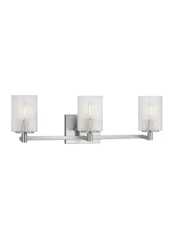 Collection: Lando Rooms: Bathroom, Bedroom, Entry Room/Hallway Finish: Brushed Steel Glass: Clear Fluted Width: 24.63" Height: 7.75" Weight: 3.70 lb Extension from Wall: 6.38" Wire: 6.5" Black/White Canopy: DP:0.75'' W:5.875'' H:4.75'' OB UP:5.375'' OB DOWN:2.375'' Rectangular Number of Bulbs: 3 Maximum Wattage: 60.00 W Bulb Type: T8 Bulb Base: Candelabra Voltage: 120.00 V Material: Steel Country of Origin: Vietnam Safety Listing: cETL Safety Rating: Damp Spec Sheet Instructions