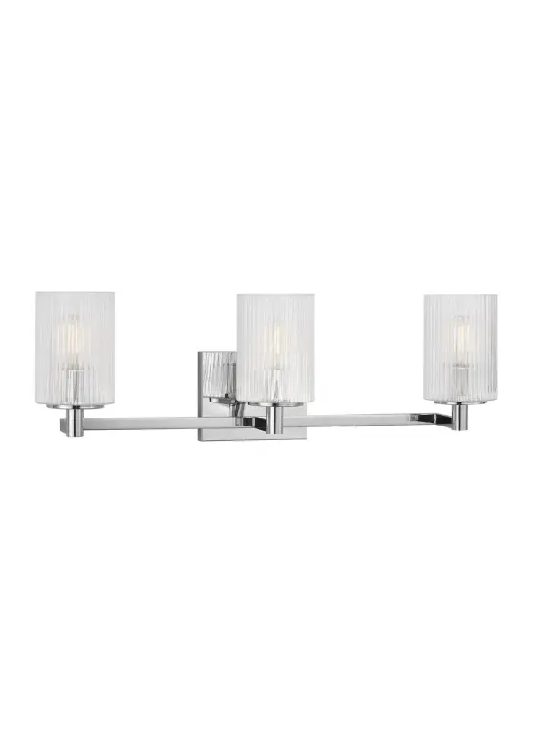 Collection: Lando Rooms: Bathroom, Bedroom, Entry Room/Hallway Finish: Chrome Glass: Clear Fluted Width: 24.63" Height: 7.75" Weight: 3.70 lb Extension from Wall: 6.38" Wire: 6.5" Black/White Canopy: DP:0.75'' W:5.875'' H:4.75'' OB UP:5.375'' OB DOWN:2.375'' Rectangular Number of Bulbs: 3 Maximum Wattage: 60.00 W Bulb Type: T8 Bulb Base: Candelabra Voltage: 120.00 V Material: Steel Country of Origin: Vietnam Safety Listing: cETL Safety Rating: Damp Spec Sheet Instructions