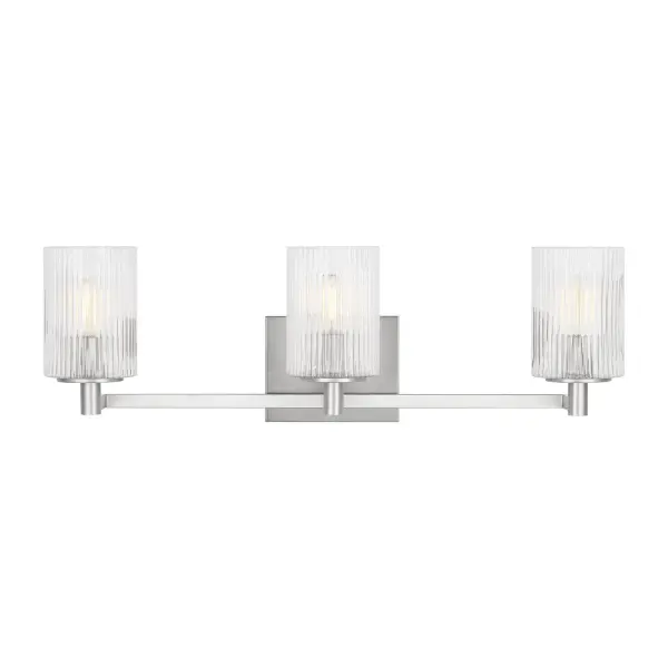 Collection: Lando Rooms: Bathroom, Bedroom, Entry Room/Hallway Finish: Brushed Steel Glass: Clear Fluted Width: 24.63" Height: 7.75" Weight: 3.70 lb Extension from Wall: 6.38" Wire: 6.5" Black/White Canopy: DP:0.75'' W:5.875'' H:4.75'' OB UP:5.375'' OB DOWN:2.375'' Rectangular Bulbs Included Number of Bulbs: 3 Maximum Wattage: 3.50 W Bulb Type: Torpedo Bulb Base: Candelabra Light Output: 350.00 lm Color Temperature: 2700 K CRI: 90 Voltage: 120.00 V Material: Steel Country of Origin: Vietnam Safety Listing: cETL Safety Rating: Damp Energy Star Title 24 Spec Sheet Instructions