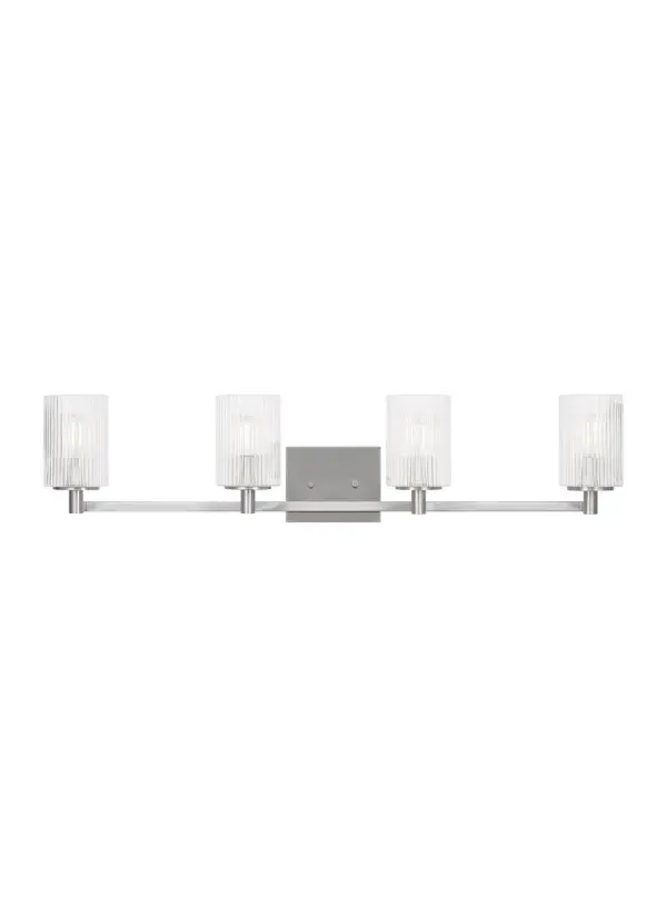 Collection: Lando Rooms: Bathroom, Bedroom, Entry Room/Hallway Finish: Brushed Steel Glass: Clear Fluted Width: 35.00" Height: 7.75" Weight: 4.90 lb Extension from Wall: 6.38" Wire: 6.5" Black/White Canopy: DP:0.75'' W:5.875'' H:4.75'' OB UP:5.375'' OB DOWN:2.375'' Rectangular Number of Bulbs: 4 Maximum Wattage: 60.00 W Bulb Type: T8 Bulb Base: Candelabra Voltage: 120.00 V Material: Steel Country of Origin: Vietnam Safety Listing: cETL Safety Rating: Damp Spec Sheet Instructions