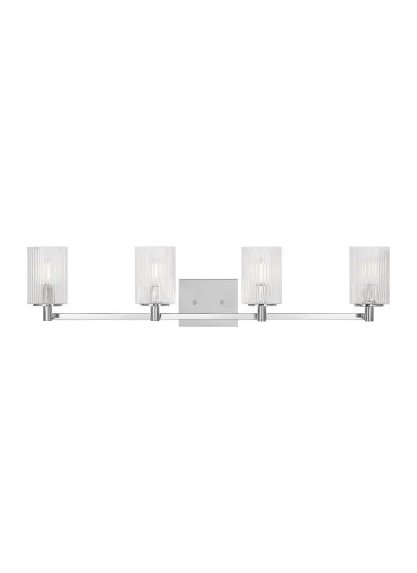 Collection: Lando Rooms: Bathroom, Bedroom, Entry Room/Hallway Finish: Chrome Glass: Clear Fluted Width: 35.00" Height: 7.75" Weight: 4.90 lb Extension from Wall: 6.38" Wire: 6.5" Black/White Canopy: DP:0.75'' W:5.875'' H:4.75'' OB UP:5.375'' OB DOWN:2.375'' Rectangular Number of Bulbs: 4 Maximum Wattage: 60.00 W Bulb Type: T8 Bulb Base: Candelabra Voltage: 120.00 V Material: Steel Country of Origin: Vietnam Safety Listing: cETL Safety Rating: Damp Spec Sheet Instructions