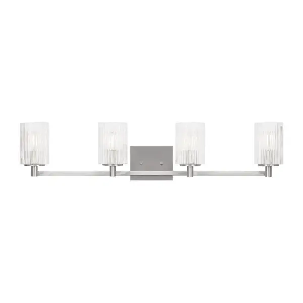 Collection: Lando Rooms: Bathroom, Bedroom, Entry Room/Hallway Finish: Brushed Steel Glass: Clear Fluted Width: 35.00" Height: 7.75" Weight: 4.90 lb Extension from Wall: 6.38" Wire: 6.5" Black/White Canopy: DP:0.75'' W:5.875'' H:4.75'' OB UP:5.375'' OB DOWN:2.375'' Rectangular Bulbs Included Number of Bulbs: 4 Maximum Wattage: 3.50 W Bulb Type: Torpedo Bulb Base: Candelabra Light Output: 350.00 lm Color Temperature: 2700 K CRI: 90 Voltage: 120.00 V Material: Steel Country of Origin: Vietnam Safety Listing: cETL Safety Rating: Damp Energy Star Title 24 Spec Sheet Instructions