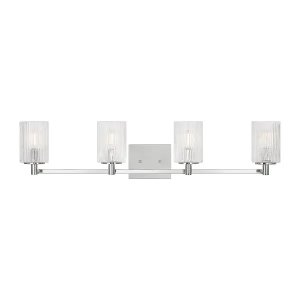Collection: Lando Rooms: Bathroom, Bedroom, Entry Room/Hallway Finish: Chrome Glass: Clear Fluted Width: 35.00" Height: 7.75" Weight: 4.90 lb Extension from Wall: 6.38" Wire: 6.5" Black/White Canopy: DP:0.75'' W:5.875'' H:4.75'' OB UP:5.375'' OB DOWN:2.375'' Rectangular Bulbs Included Number of Bulbs: 4 Maximum Wattage: 3.50 W Bulb Type: Torpedo Bulb Base: Candelabra Light Output: 350.00 lm Color Temperature: 2700 K CRI: 90 Voltage: 120.00 V Material: Steel Country of Origin: Vietnam Safety Listing: cETL Safety Rating: Damp Energy Star Title 24 Spec Sheet Instructions