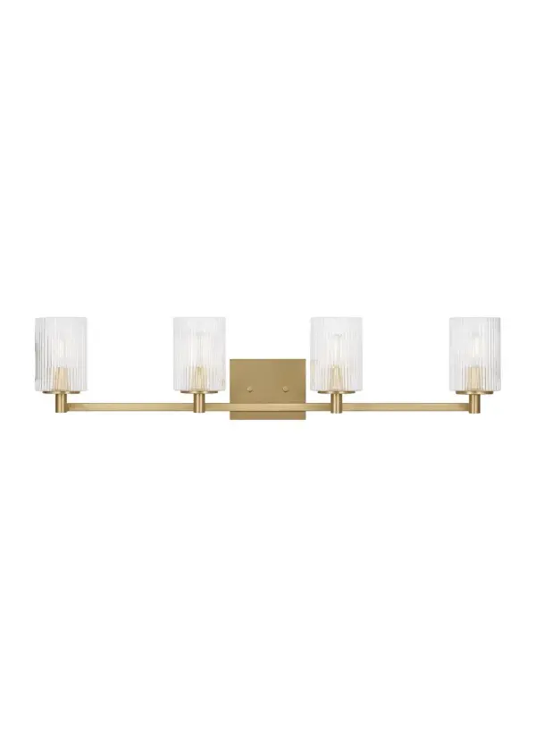 Collection: Lando Rooms: Bathroom, Bedroom, Entry Room/Hallway Finish: Satin Brass Glass: Clear Fluted Width: 35.00" Height: 7.75" Weight: 4.90 lb Extension from Wall: 6.38" Wire: 6.5" Black/White Canopy: DP:0.75'' W:5.875'' H:4.75'' OB UP:5.375'' OB DOWN:2.375'' Rectangular Number of Bulbs: 4 Maximum Wattage: 60.00 W Bulb Type: T8 Bulb Base: Candelabra Voltage: 120.00 V Material: Steel Country of Origin: Vietnam Safety Listing: cETL Safety Rating: Damp Spec Sheet Instructions