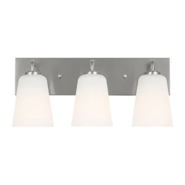 Collection: Miles Rooms: Bathroom,Bedroom,Entry Room/Hallway Finish: Brushed Nickel Glass: Etched white glass Width: 18.00" Height: 8.00" Weight: 5.81 lb Extension from Wall: 6.50" Wire: 8" Black/White Canopy: L:18'',W:4.375'',H:0.75'', Rectangular Number of Bulbs: 3 Maximum Wattage: 60.00 W Bulb Type: A19 Bulb Base: Medium Voltage: 120.00 V Material: Steel Country of Origin: Vietnam Safety Listing: cETL Safety Rating: Damp Title 24 Spec Sheet Instructions