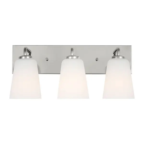 Collection: Miles Rooms: Bathroom,Bedroom,Entry Room/Hallway Finish: Chrome Glass: Etched white glass Width: 18.00" Height: 8.00" Weight: 5.81 lb Extension from Wall: 6.50" Wire: 8" Black/White Canopy: L:18'',W:4.375'',H:0.75'', Rectangular Number of Bulbs: 3 Maximum Wattage: 60.00 W Bulb Type: A19 Bulb Base: Medium Voltage: 120.00 V Material: Steel Country of Origin: Vietnam Safety Listing: cETL Safety Rating: Damp Title 24 Spec Sheet Instructions