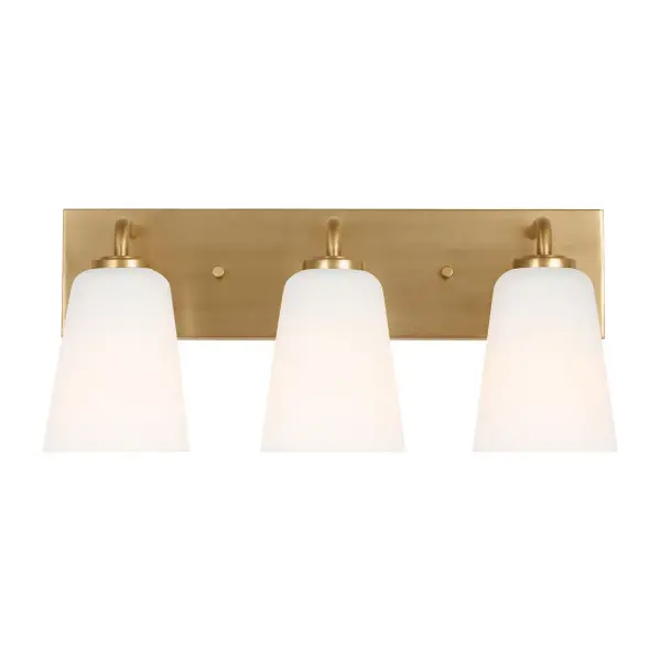Collection: Miles Rooms: Bathroom,Bedroom,Entry Room/Hallway Finish: Satin Brass Glass: Etched white glass Width: 18.00" Height: 8.00" Weight: 5.81 lb Extension from Wall: 6.50" Wire: 8" Black/White Canopy: L:18'',W:4.375'',H:0.75'', Rectangular Number of Bulbs: 3 Maximum Wattage: 60.00 W Bulb Type: A19 Bulb Base: Medium Voltage: 120.00 V Material: Steel Country of Origin: Vietnam Safety Listing: cETL Safety Rating: Damp Title 24 Spec Sheet Instructions