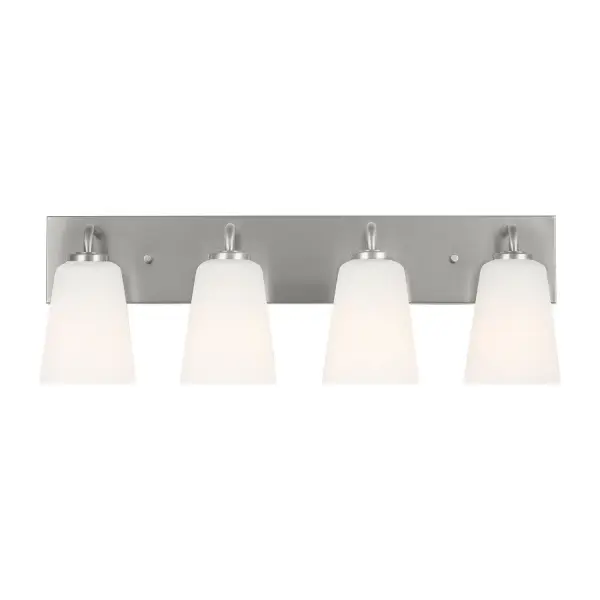 Collection: Miles Rooms: Bathroom,Bedroom,Entry Room/Hallway Finish: Brushed Nickel Glass: Etched white glass Width: 25.00" Height: 8.00" Weight: 7.70 lb Extension from Wall: 6.50" Wire: 8" Black/White Canopy: L:25'',W:4.375'',H:0.75'', Rectangular Number of Bulbs: 4 Maximum Wattage: 60.00 W Bulb Type: A19 Bulb Base: Medium Voltage: 120.00 V Material: Steel Country of Origin: Vietnam Safety Listing: cETL Safety Rating: Damp Title 24 Spec Sheet Instructions