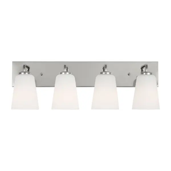 Collection: Miles Rooms: Bathroom,Bedroom,Entry Room/Hallway Finish: Chrome Glass: Etched white glass Width: 25.00" Height: 8.00" Weight: 7.70 lb Extension from Wall: 6.50" Wire: 8" Black/White Canopy: L:25'',W:4.375'',H:0.75'', Rectangular Number of Bulbs: 4 Maximum Wattage: 60.00 W Bulb Type: A19 Bulb Base: Medium Voltage: 120.00 V Material: Steel Country of Origin: Vietnam Safety Listing: cETL Safety Rating: Damp Title 24 Spec Sheet Instructions