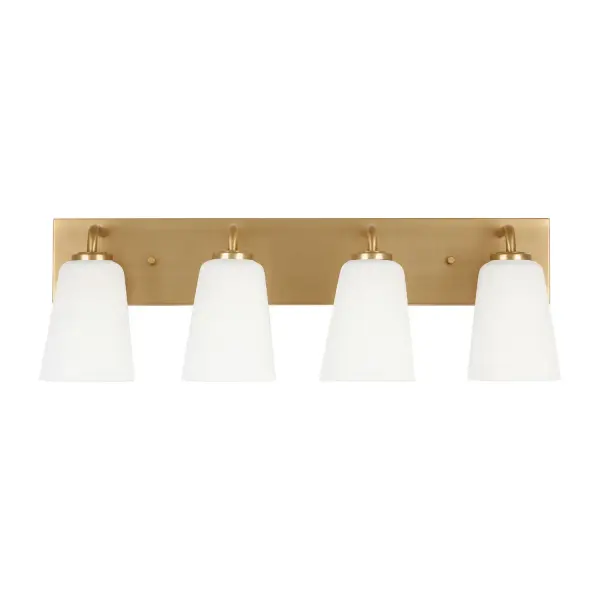Collection: Miles Rooms: Bathroom,Bedroom,Entry Room/Hallway Finish: Satin Brass Glass: Etched white glass Width: 25.00" Height: 8.00" Weight: 7.70 lb Extension from Wall: 6.50" Wire: 8" Black/White Canopy: L:25'',W:4.375'',H:0.75'', Rectangular Number of Bulbs: 4 Maximum Wattage: 60.00 W Bulb Type: A19 Bulb Base: Medium Voltage: 120.00 V Material: Steel Country of Origin: Vietnam Safety Listing: cETL Safety Rating: Damp Title 24 Spec Sheet Instructions