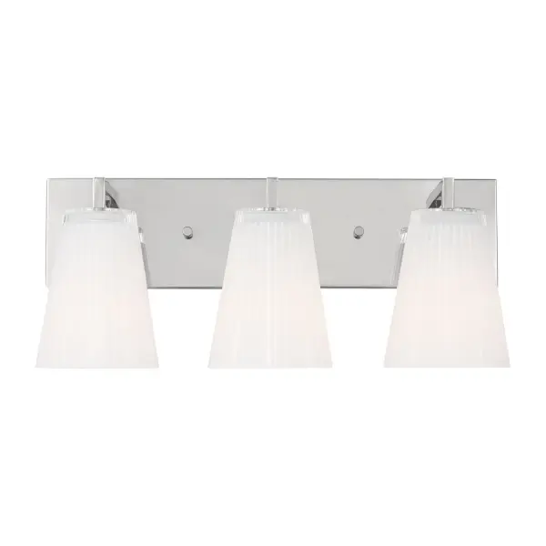 Collection: Upson Rooms: Bathroom,Bedroom,Entry Room/Hallway Finish: Chrome Glass: Clear Fluted White Paint Inside Width: 18.00" Height: 7.75" Weight: 6.20 lb Extension from Wall: 6.25" Wire: 8" Black/White Canopy: DP:1'' W:18'' H:5'' OB UP:5.25'' OB DOWN:2.5'' Rectangular Number of Bulbs: 3 Maximum Wattage: 60.00 W Bulb Type: A19 Bulb Base: Medium Voltage: 120.00 V Material: Steel Country of Origin: Vietnam Safety Listing: cETL Safety Rating: Damp Title 24 Spec Sheet Instructions