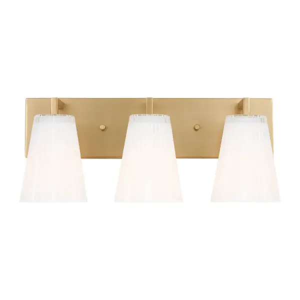 Collection: Upson Rooms: Bathroom,Bedroom,Entry Room/Hallway Finish: Satin Brass Glass: Clear Fluted White Paint Inside Width: 18.00" Height: 7.75" Weight: 6.20 lb Extension from Wall: 6.25" Wire: 8" Black/White Canopy: DP:1'' W:18'' H:5'' OB UP:5.25'' OB DOWN:2.5'' Rectangular Number of Bulbs: 3 Maximum Wattage: 60.00 W Bulb Type: A19 Bulb Base: Medium Voltage: 120.00 V Material: Steel Country of Origin: Vietnam Safety Listing: cETL Safety Rating: Damp Title 24 Spec Sheet Instructions