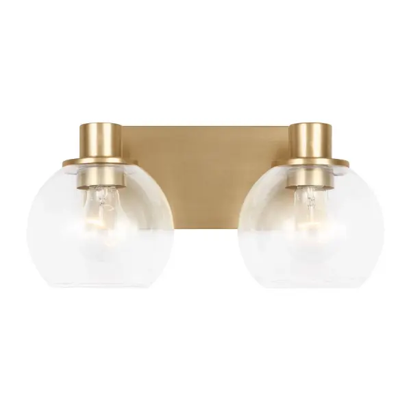Collection: Rito Rooms: Bathroom,Bedroom,Entry Room/Hallway Finish: Satin Brass Glass: Clear Width: 14.50" Height: 7.13" Weight: 2.95 lb Extension from Wall: 7.00" Wire: 8" Black/White Canopy: L:10.625'',W:5'',H:0.625'',Rectangular Number of Bulbs: 2 Maximum Wattage: 60.00 W Bulb Type: A19 Bulb Base: Medium Voltage: 120.00 V Material: Steel Country of Origin: Vietnam Safety Listing: cETL Safety Rating: Damp Title 24 Spec Sheet Instructions