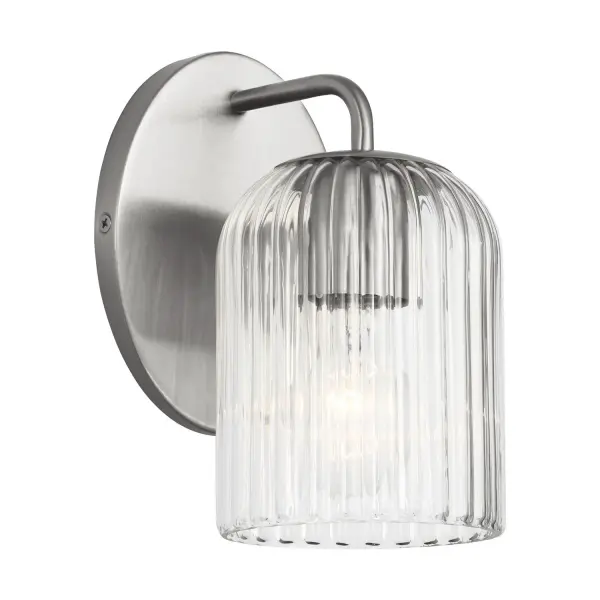 Collection: Eisele Rooms: Bathroom,Bedroom,Entry Room/Hallway Finish: Brushed Nickel Glass: Clear Ribbed Width: 5.00" Height: 8.75" Weight: 1.67 lb Extension from Wall: 6.00" Wire: 8" Black/White Canopy: L:6.5'',W:5'',H.75'', Oval Number of Bulbs: 1 Maximum Wattage: 60.00 W Bulb Type: A19 Bulb Base: E26 Medium Voltage: 120.00 V Material: Steel Country of Origin: Vietnam Safety Listing: cETL Safety Rating: Damp Title 24 Spec Sheet Instructions