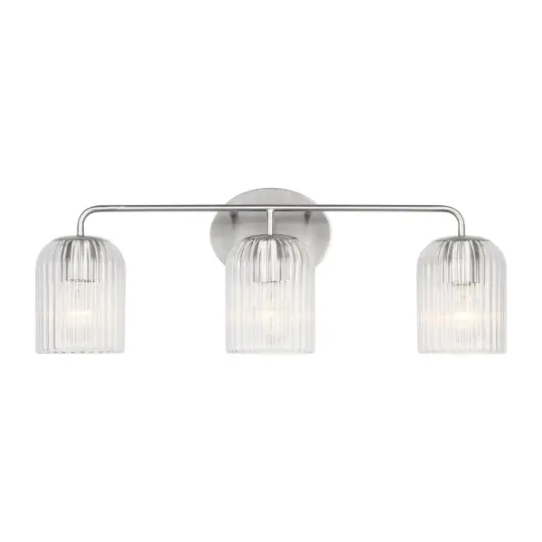 Collection: Eisele Rooms: Bathroom,Bedroom,Entry Room/Hallway Finish: Brushed Nickel Glass: Clear Ribbed Width: 24.00" Height: 8.75" Weight: 4.16 lb Extension from Wall: 6.00" Wire: 8" Black/White Canopy: L:5'',W:6.5'',H.625'', Oval Number of Bulbs: 3 Maximum Wattage: 60.00 W Bulb Type: A19 Bulb Base: E26 Medium Voltage: 120.00 V Material: Steel Country of Origin: Vietnam Safety Listing: cETL Safety Rating: Damp Title 24 Spec Sheet Instructions