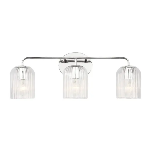 Collection: Eisele Rooms: Bathroom,Bedroom,Entry Room/Hallway Finish: Chrome Glass: Clear Ribbed Width: 24.00" Height: 8.75" Weight: 4.16 lb Extension from Wall: 6.00" Wire: 8" Black/White Canopy: L:5'',W:6.5'',H.625'', Oval Number of Bulbs: 3 Maximum Wattage: 60.00 W Bulb Type: A19 Bulb Base: E26 Medium Voltage: 120.00 V Material: Steel Country of Origin: Vietnam Safety Listing: cETL Safety Rating: Damp Title 24 Spec Sheet Instructions