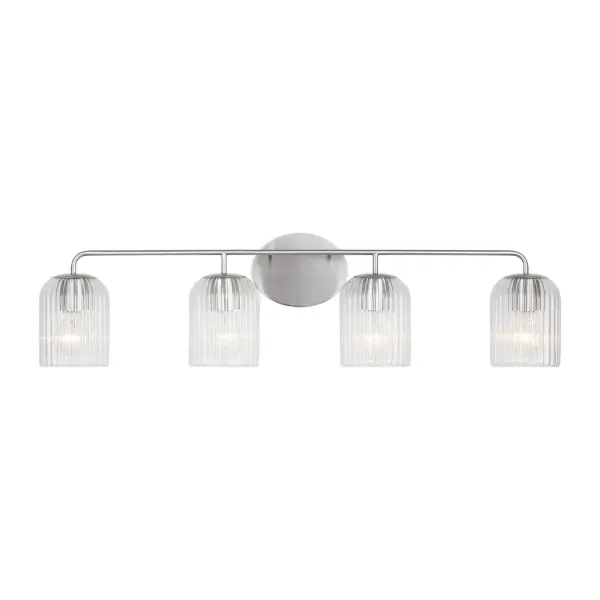 Collection: Eisele Rooms: Bathroom,Bedroom,Entry Room/Hallway Finish: Brushed Nickel Glass: Clear Ribbed Width: 33.75" Height: 8.75" Weight: 5.43 lb Extension from Wall: 6.00" Wire: 8" Black/White Canopy: L:5'',W:6.5'',H.625'', Oval Number of Bulbs: 4 Maximum Wattage: 60.00 W Bulb Type: A19 Bulb Base: E26 Medium Voltage: 120.00 V Material: Steel Country of Origin: Vietnam Safety Listing: cETL Safety Rating: Damp Title 24 Spec Sheet Instructions