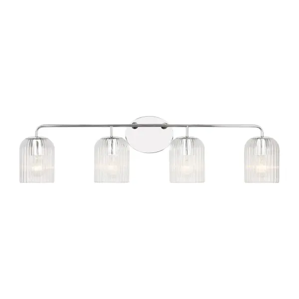 Collection: Eisele Rooms: Bathroom,Bedroom,Entry Room/Hallway Finish: Chrome Glass: Clear Ribbed Width: 33.75" Height: 8.75" Weight: 5.43 lb Extension from Wall: 6.00" Wire: 8" Black/White Canopy: L:5'',W:6.5'',H.625'', Oval Number of Bulbs: 4 Maximum Wattage: 60.00 W Bulb Type: A19 Bulb Base: E26 Medium Voltage: 120.00 V Material: Steel Country of Origin: Vietnam Safety Listing: cETL Safety Rating: Damp Title 24 Spec Sheet Instructions