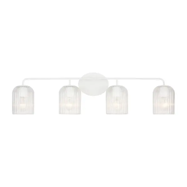 Collection: Eisele Rooms: Bathroom,Bedroom,Entry Room/Hallway Finish: Matte White Glass: Clear Ribbed Width: 33.75" Height: 8.75" Weight: 5.43 lb Extension from Wall: 6.00" Wire: 8" Black/White Canopy: L:5'',W:6.5'',H.625'', Oval Number of Bulbs: 4 Maximum Wattage: 60.00 W Bulb Type: A19 Bulb Base: E26 Medium Voltage: 120.00 V Material: Steel Country of Origin: Vietnam Safety Listing: cETL Safety Rating: Damp Title 24 Spec Sheet Instructions
